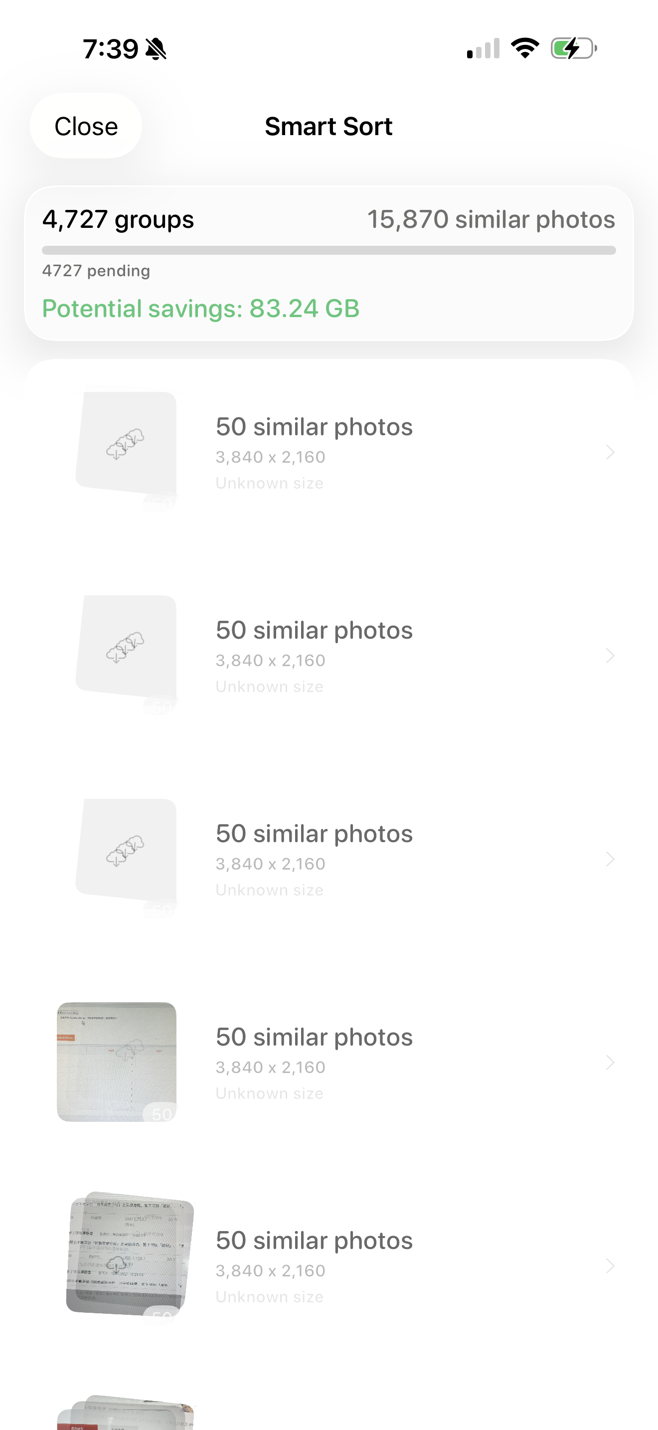 Smart Sort — 4,727 groups found, 83.24 GB